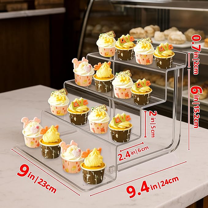 AMT Acrylic Riser Display Stand, 100% Acrylic Clear 4-Tier Organizer for Figures, Cupcake, Perfume, Sunglasses (9 inch x 2.4 inch) 1-pack
