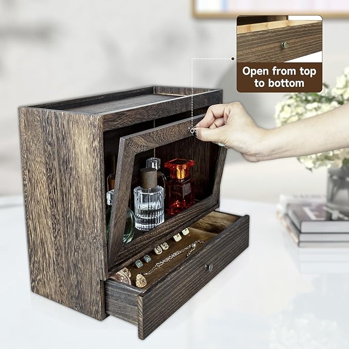 Wooden Cologne Organiser with Acrylic Display & Drawer,Vanity Storage Rack for Perfumes,Jewellery & Cosmetics,Cologne Display Stand for Men & Women,Bedroom and Bathroom Vanity Storage Amber
