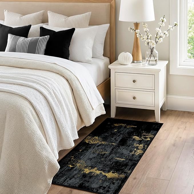 RELEANY Washable Area Rugs 2'x4' Non-Slip Modern Abstract Soft for Living Room Entryway Bedroom Nursery, Print Pattern, Dark Black Gold