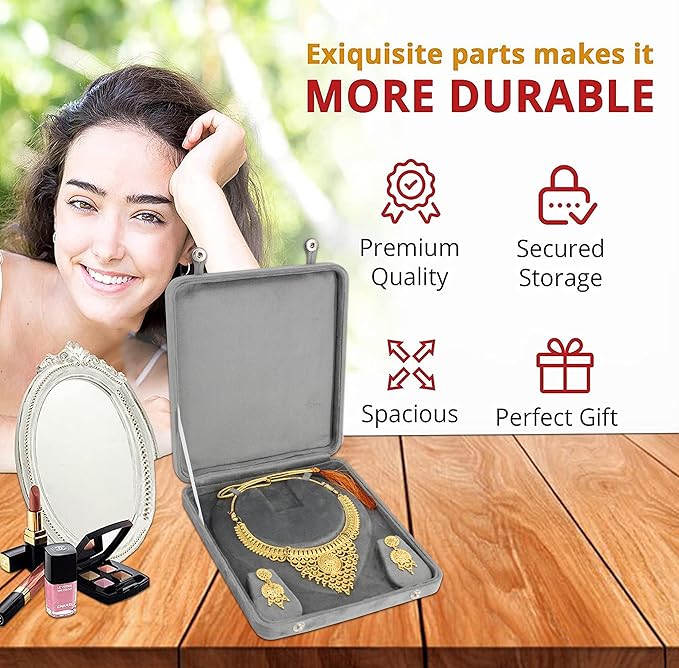 atorakushon Large Velvet Jewelry Box Big Necklace with Ring Earring Pendant Gift Case Pearl Necklace/Chunky Necklace Storage Pouch for Women Grey