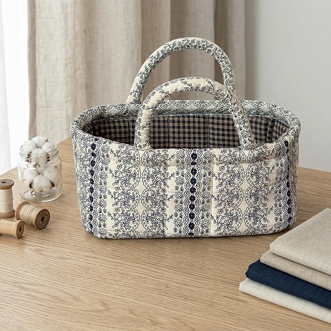 Small Floral Storage Bins with Cotton Handles – Collapsible Boho Fabric Storage Basket for Drawers, Shelves & Desktop