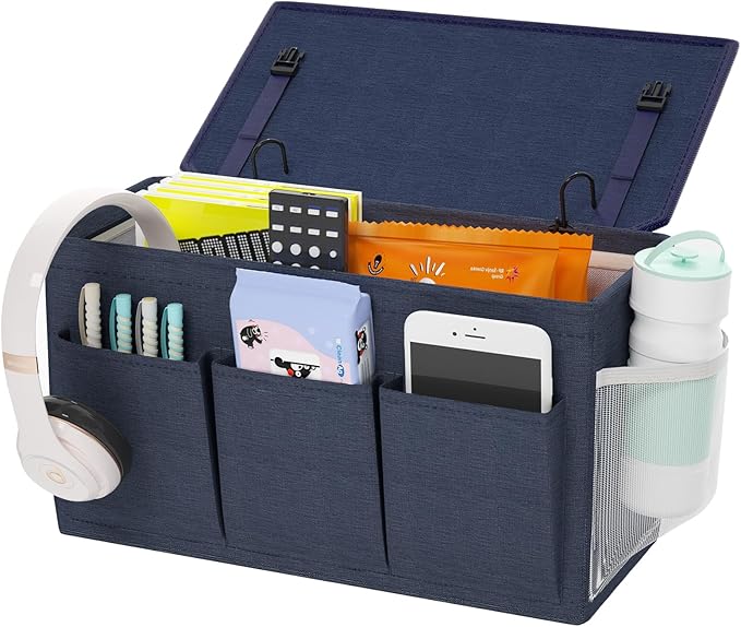 Edudif Dual-purpose Bedside Caddy Bedside Organizer, Bed Caddy with 6 Pockets, Versatile Bedside Storage Solution Magazine Remotes holder, ideal for Home, Dorm, Hospital, Crib Bed (Navy)