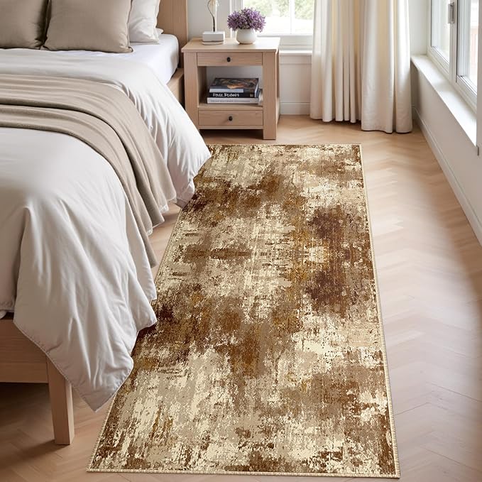 RELEANY Washable Area Rugs 2'x10' Non-Slip Modern Abstract Soft for Living Room Entryway Bedroom Nursery, Print Pattern, Brown Tan Beige Coffee