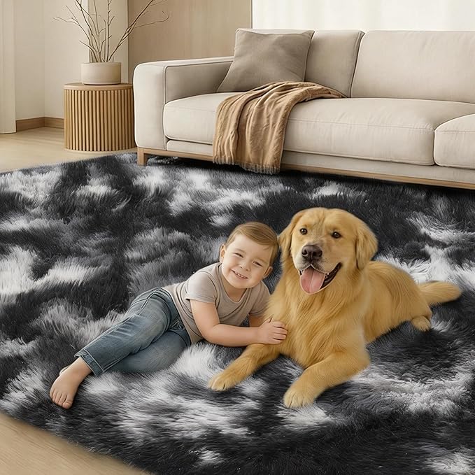 8x10 Area Rugs Living Room, Black White Grey Large Plush Fluffy Bedroom Carpet, Non-Slip Upgraded Indoor Thick Soft Rug, Modern Plush Carpet Suitable for Kids Home Decor Aesthetics Dorm.