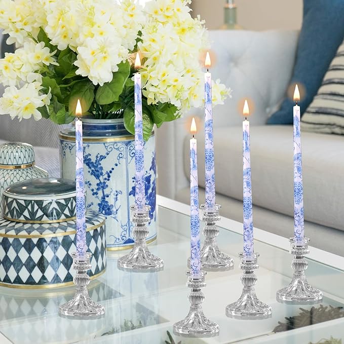 Threlaco 9.8" Long Taper Chinoiserie Porcelain Candlesticks Dripless Bridal Wedding Shower Candle Blue White Decorations Unscented Taper Candles for Party Gift Home Decor