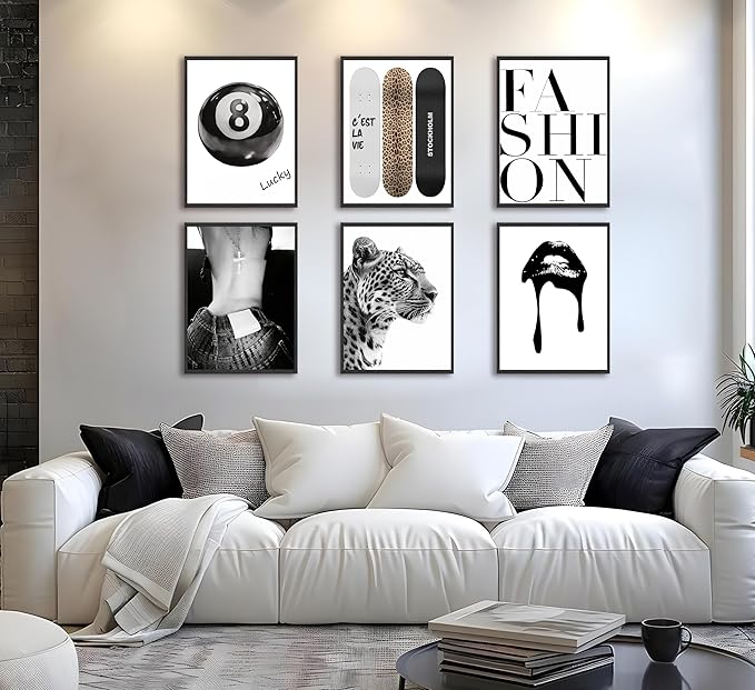 6 Piece Fashion Trendy Leopard Wall Art Black White Aesthetic Cheetah Posters Prints Lucky 8 Ball Lips Canvas Paintings for Girls Room Bedroom Apartment Dorm Decoration Unframed
