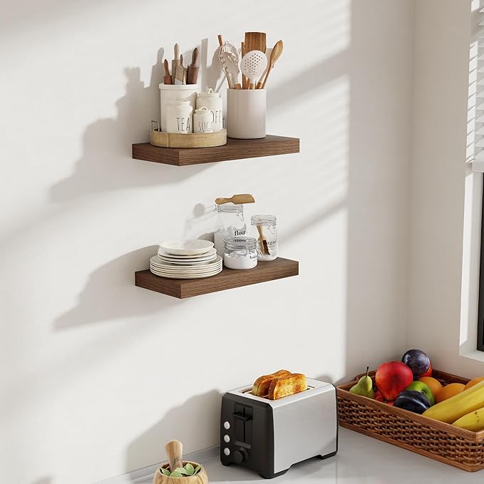 Acovy 16 Inch Floating Shelves, 8 Inch Deep Floating Shelves for Wall, Hanging Shelf with Invisible Brackets, Deep Shelves for Bathroom, Bedroom, Living Room, Walnut, Set of 2