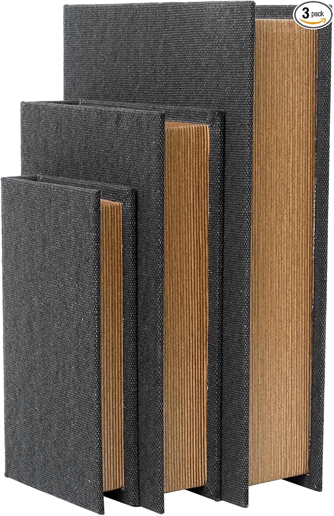 DECOR4SEASON Decorative Book Boxes Set of 3 – Modern Faux Linen & Wood Hidden Storage for Coffee Table – Stackable Fake Books for Shelf Decor, Remote Control & Jewelry Organizer (Black)