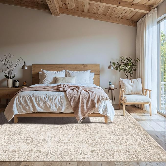 Rugxara 5X7 Washable Area Rug for Living Room, Vintage Neutral Large Boho Rugs for Office, Dining Room, Kids Room, Farmhouse, Durable Low Pile Non Slip Carpet for High Traffic Areas, Light Bown