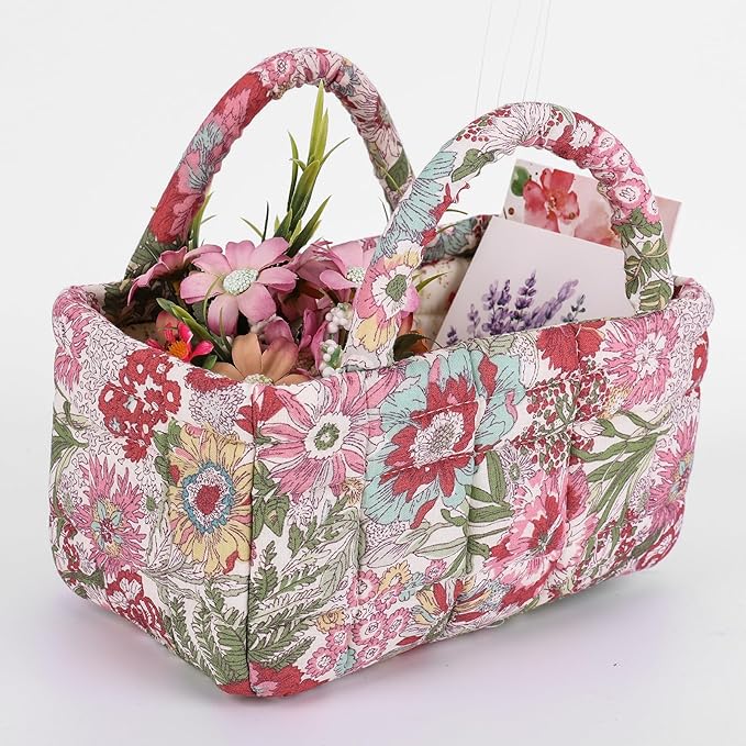 Mini Storage Basket, Small Quilted Boho Fabric Organizer Bin with Handle, Portable Collapsible Basket for Socks, Keys, Diaper