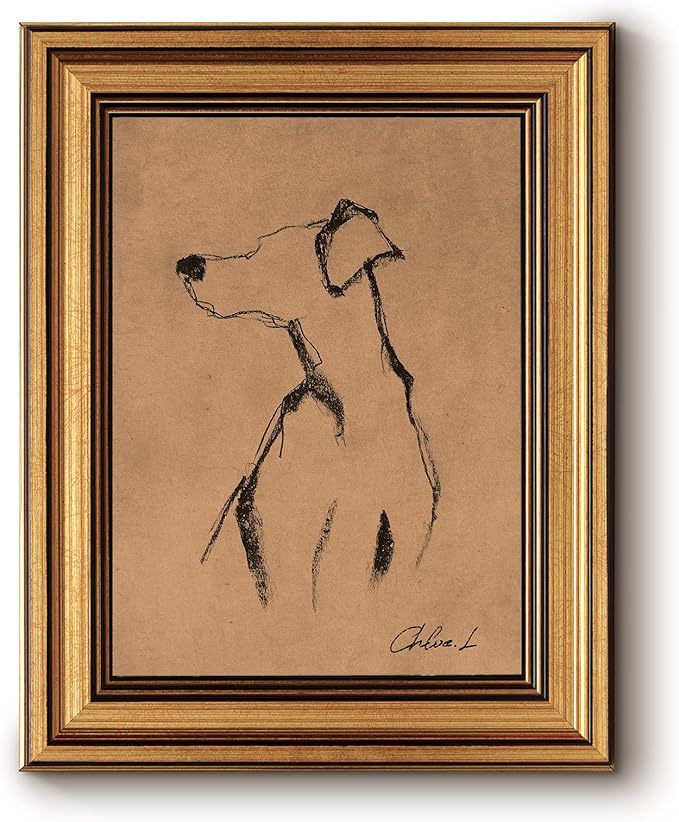 Bzstyleart Vintage Wall Art Decor, Gold Framed Wall Art 8 x 10 Inch Sketch Dog Turn Left, Animal Painting Picture Framed Canvas Wall Art, Dog Print Painting for Bedroom Living Room Bathroom Kitchen