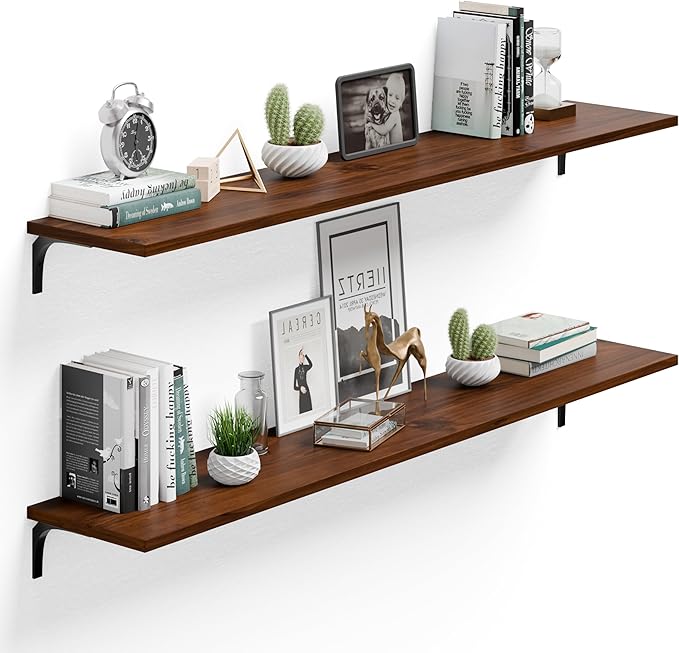 12 Inch Deep Floating Shelves Set of 2, 60 Inch Extra Wide Solid Wood Wall Shelves, 5ft Heavy Duty Wall Mounted Bookshelf with 100 lbs Capacity for Kitchen, Living Room & Bedroom