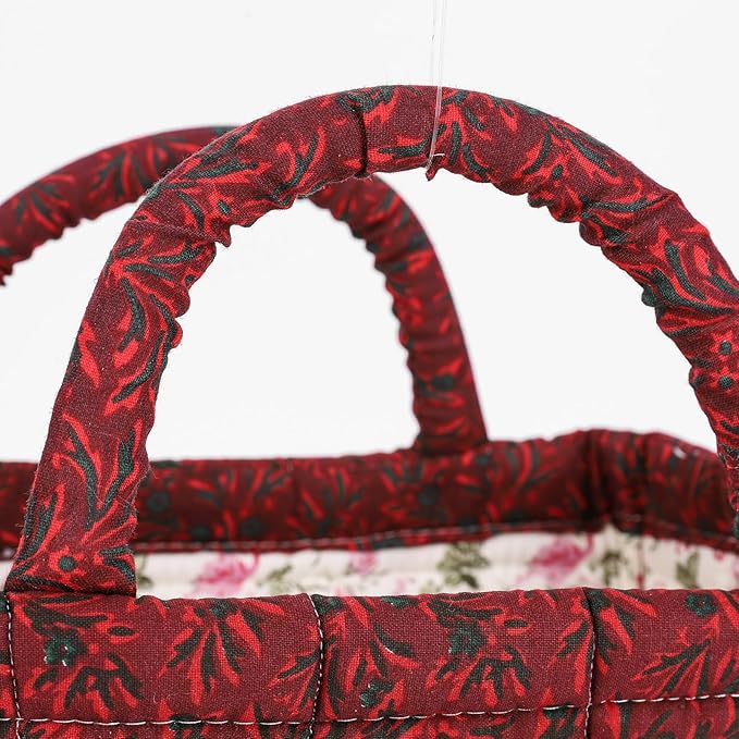 Mini Storage Basket, Small Quilted Boho Fabric Organizer Bin with Handle, Portable Collapsible Basket for Socks, Keys, Diaper