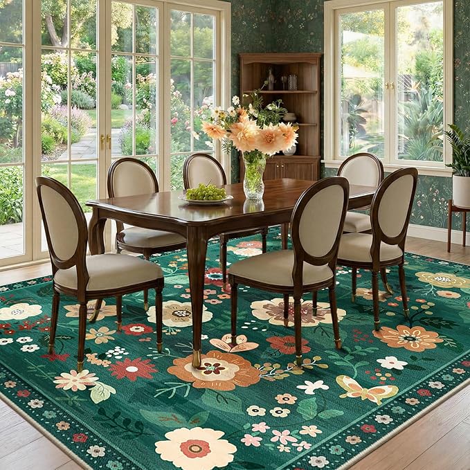 RELEANY Floral Nursery 9x12 Area Rugs Washable Print Boho Cute Carpet Non Slip Flower Low Pile for Living Room Kids Girls Playroom Bedroom Kitchen Office Farmhouse-Dark Green