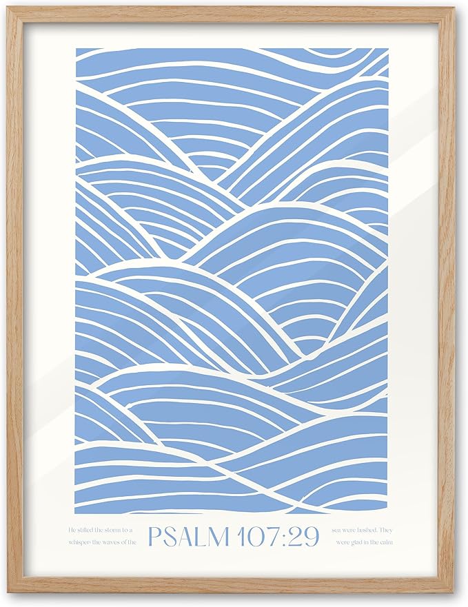 EcoHest Modern Christian Ocean Waves Framed Wall Art, Large 16x20 in OAK Wood Christian Psalm 107:29 Canvas Wall Art, Beige Logs Storm Home Decor Set of 1 for Bedroom Living Room