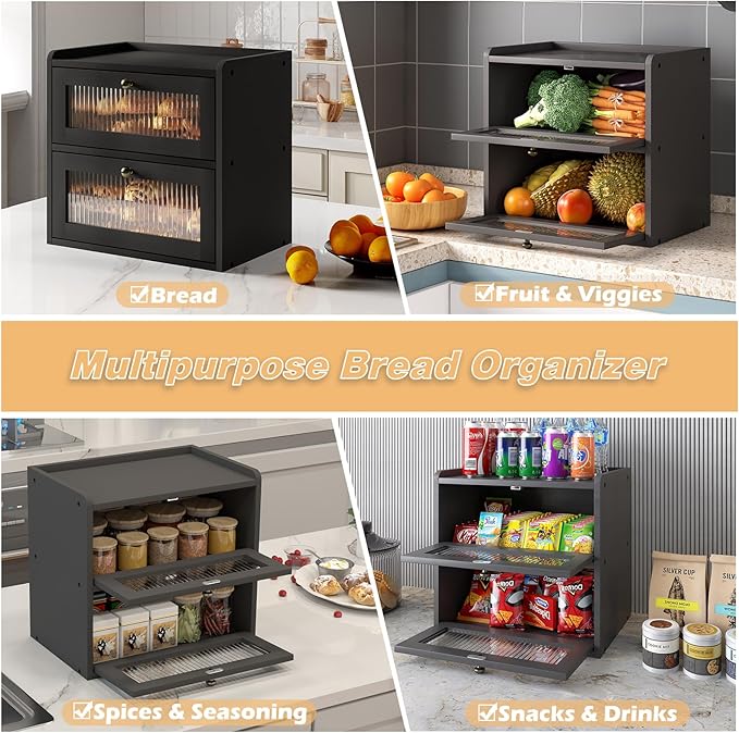 Alpeir Double Layer Large Bread Box for Kitchen Counter, Wooden Corner Bread Storage Container with Acrylic Window, Black