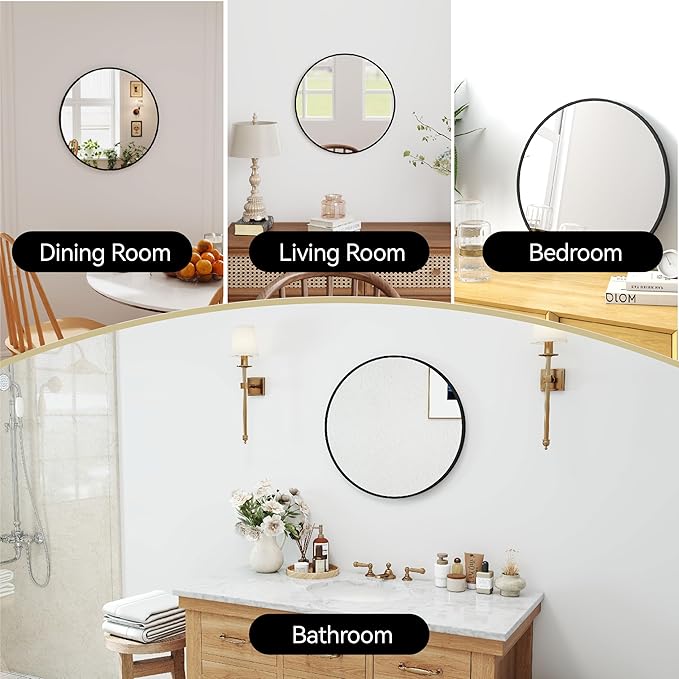 SCWF-GZ 20" Round Mirror Circle Wall Mounted Hanging or Against Wall Metal Frame Dressing Make-up Mirrors for Entryway Bedroom Bathroom Living Room 20 inch Black