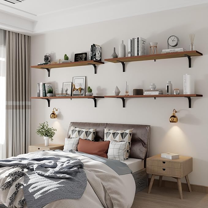 12 Inch Deep Floating Shelves Set of 4, 48 Inch Extra Wide Brown Solid Wood Wall Shelves, 4ft Heavy Duty Farmhouse Wall Mounted Shelving for Kitchen, Living Room & Bedroom