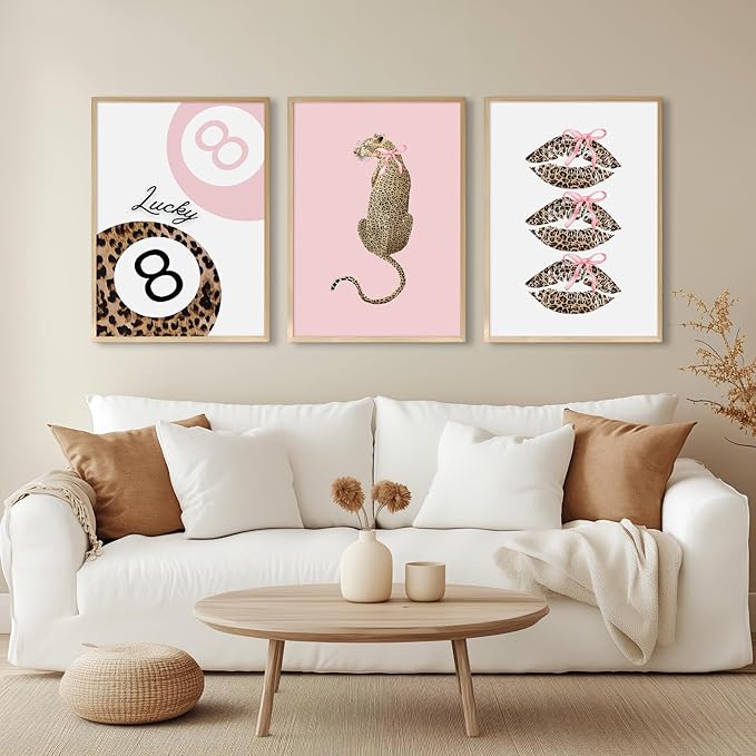 Pink Leopard Wall Art Decor Cheetah Trendy Poster Preppy Aesthetic Canvas Room Decor Pictures Coquette Y2k Wall Art 8 Ball Prints Pink Fashion Bow Artwork for Girls Bedroom 12x16x3 Inch Unframed