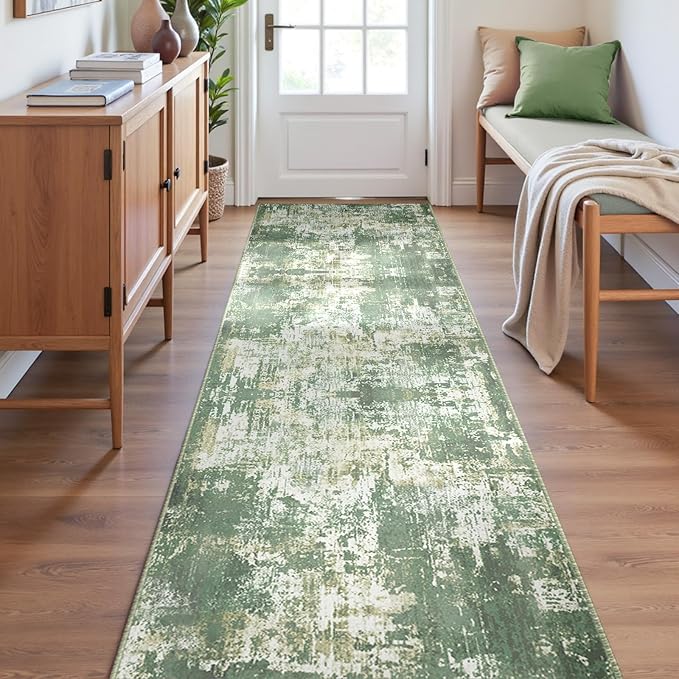 RELEANY Washable Area Rugs 2'x8' Non-Slip Modern Abstract Soft for Living Room Entryway Bedroom Nursery, Print Pattern, Light Green/Yellow