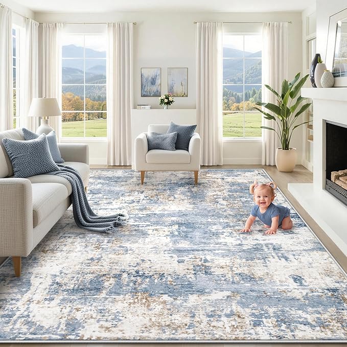XLUEZ 8x10 Area Rugs for Living Room, Washable Modern Abstract Large Area Rug Neutral Soft Non Slip Kids Rug Stain Resistant Indoor Carpet for Bedroom Nursery Dining Children's Room(Blue, 8'x10')