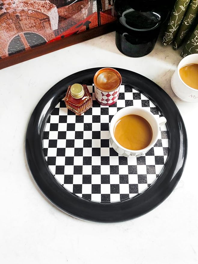 Ciandid Checkered Decorative Tray, Retro Jewelry Tray Dresser Tray for Makeup Perfume Organizer, Aromatherapy Reed Diffuser Tray Vanity Tray for Bathroom(Black)