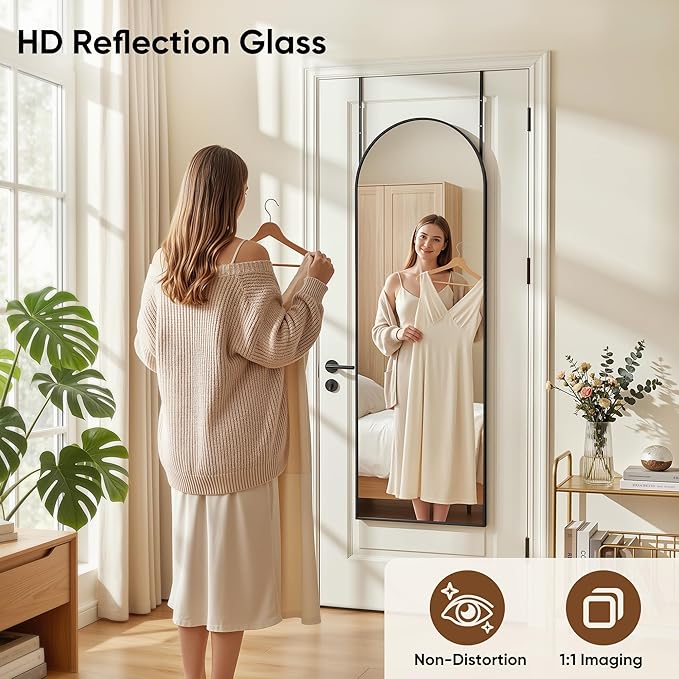58"x20" Over The Door Mirror, Arched Full Length Mirror with Aluminum Frame, Adjustable Hooks, Wall Mounted or Standing for Bedroom Living Room, Black