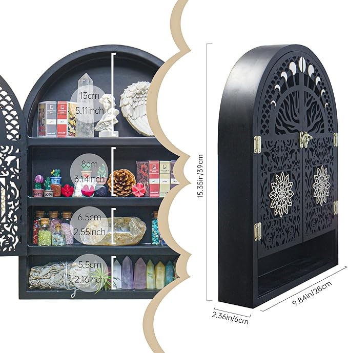 Large Crystal Display Shelf for Wall, Crescent Moon Phase Shelf Wall Decor, Wooden Arch Shelf, Tree of Life Crystal Holder Organizer, Cabinet for Gem Stone Rock, Spiritual Home Room Decor