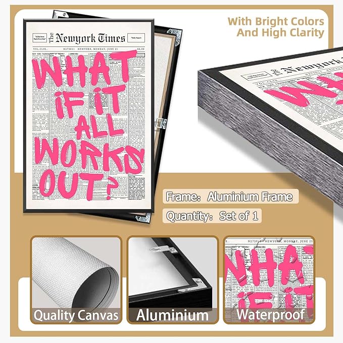 Drimiler Retro Newspaper Pink Font Poster What If It All Works Out Canvas Wall Art Positive Affirming Quote Minimalist Prints Painting For Home Bedroom Dorm Wall Decor 12x18in Framed