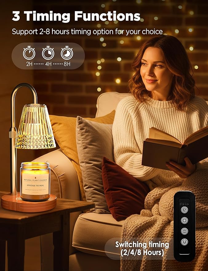 TATAANTY Candle Warmer Lamp with Timer, Wood Base Home Decor Candle Warmers, 4 Lights and 3 Timers. Table Lamp Birthday Gift for Women, Suitable for Bedroom, Offices, and Living Rooms