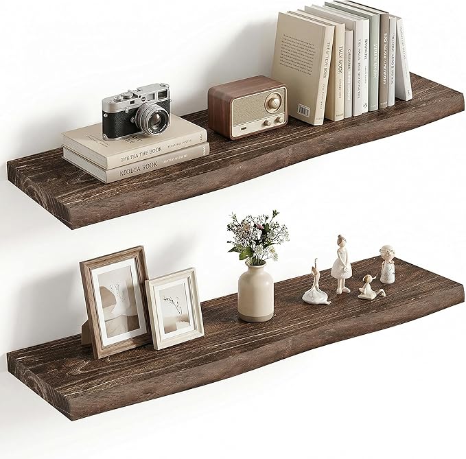 Vivelove Live Edge Floating Shelves for Wall Solid Elm Wood, Rustic Farmhouse Wall Shelf with Invisible Bracket for Living Room Bedroom Bathroom Office Book, 32 Inches - Set of 2 - Dark Walnut