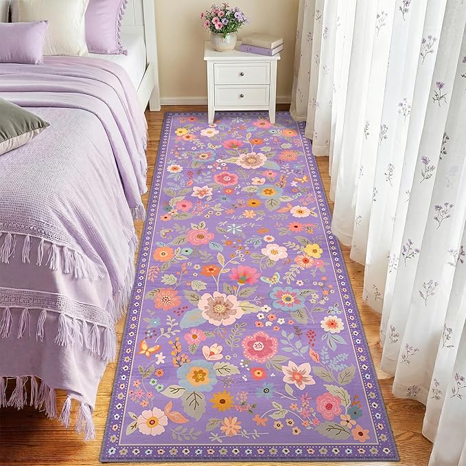 RELEANY Floral Nursery 2x6 Area Rugs Washable Print Boho Cute Carpet Non Slip Flower Low Pile for Living Room Kids Girls Playroom Bedroom Kitchen Office Farmhouse-Purple/Pink/Multi