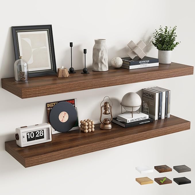55 Inch Floating Shelves for Wall with Invisible Brackets Set of 2, 12"D Engineered Wood Wall Shelves with Wood Grain for Living Room, Bedroom, Bathroom, Kitchen Decor and Storage, Walnut Finish