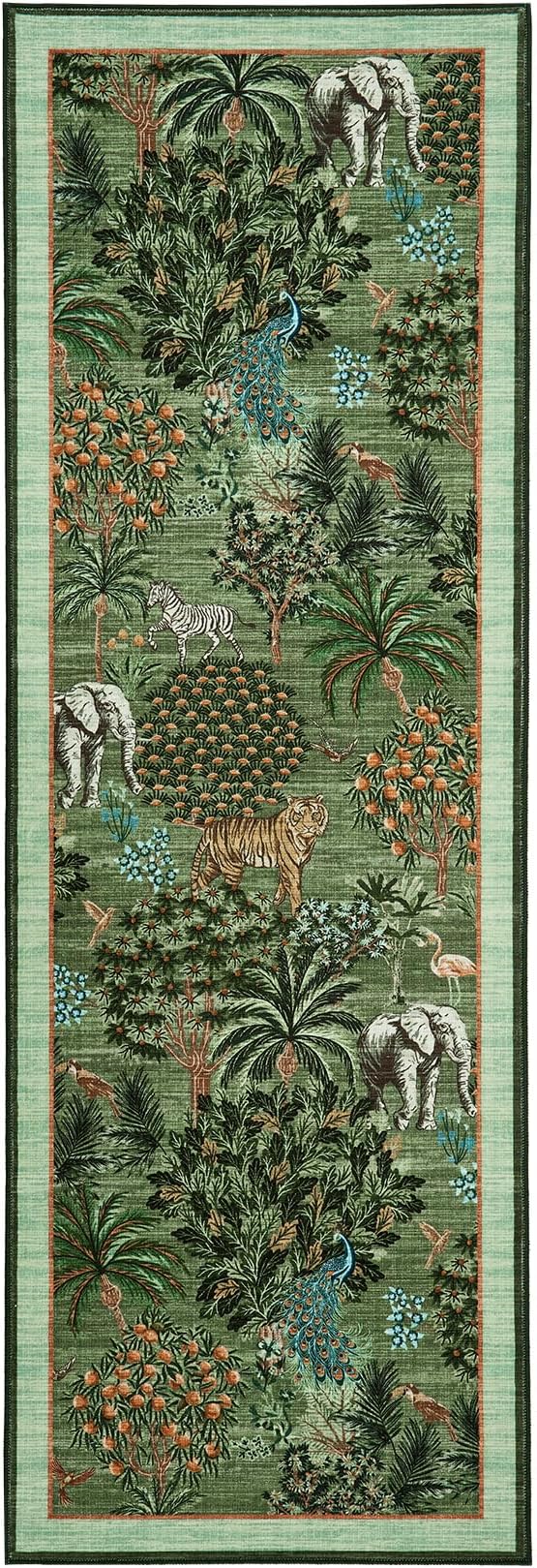 GarveeHome Jungle Rug 2.5x10 Kitchen Runner Rug Non Slip Washable Runners for Hallways, Animal Print Runner Rugs with Rubber Backing Low-Pile Long Carpet for Bedroom Entryway Laundry, Forest Green