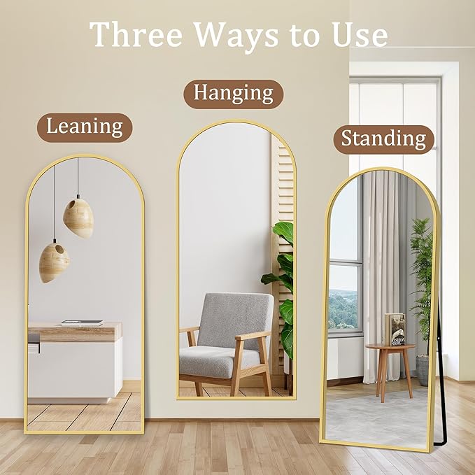 GlasFlength 56" x 18" Full Length Mirror with Stand, Arched Aluminum Alloy Frame, Versatile Standing, Hanging, or Leaning Wall/Floor Mirror for Bedroom, Living Room, or Entryway, Gold