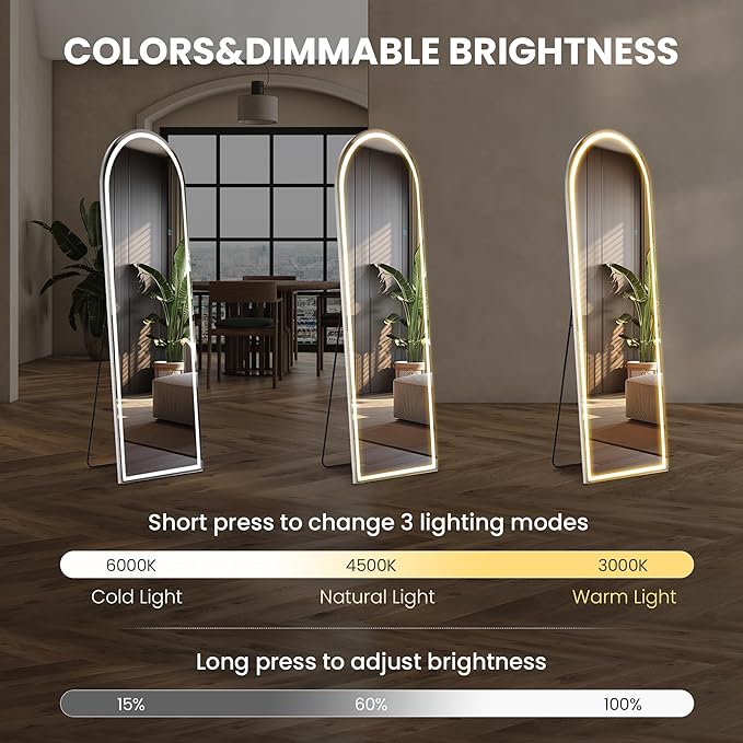 Sweetcrispy Arched Full Length Mirror with LED Lights, 63"x21" Lighted Floor Mirror with Dimming & 3 Color Lighting, Stand for Bedroom, Dressing Room