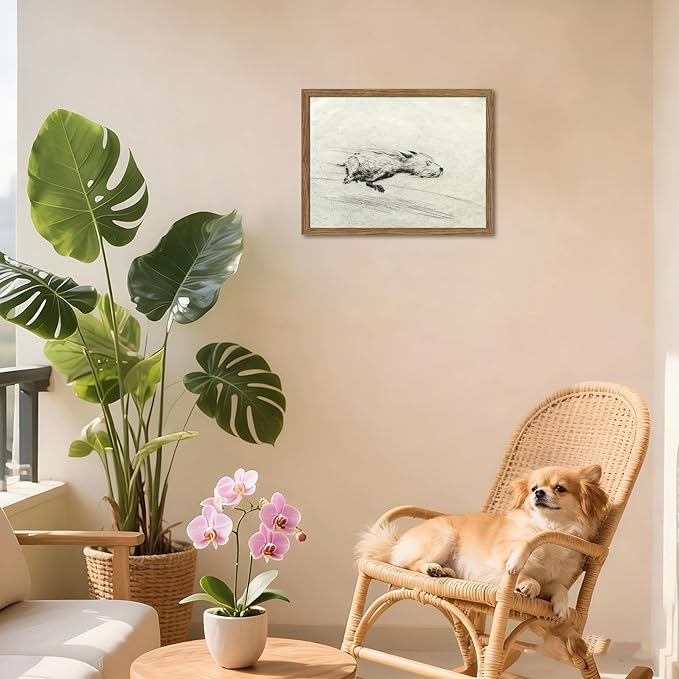 Framed Dog with Zoomies Canvas Wall Art, Vintage Dog Flight Poster Print, Sketch Running Little Pictures Decor, Black and White Silly Wall Decor for Living Room Bedroom – 16x24 inch
