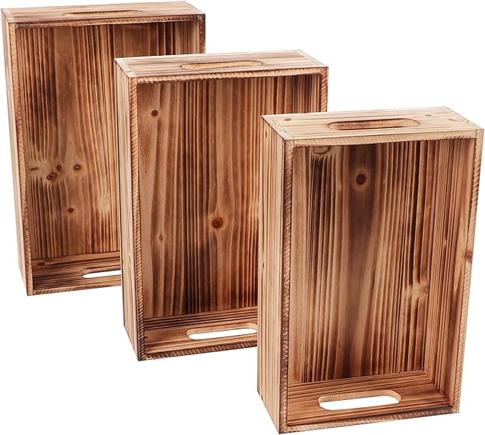 PHOENANCEE Wood Crates For Display,Rustic Crate Storage Decorative Boxes Set of 3,Wooden Nesting Box with Handles Farmhouse Container Basket Bin Home Decoration,Solid Pine,L+M+S