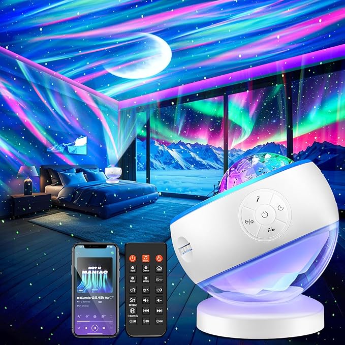 Northern Lights Projector Galaxy Projector with 300+ Light Effects Sound Machine, LED Star Projector Aurora Light, Remote Control, 15 White Noises Bluetooth Speaker Birthday Gifts for Kids Room Decor
