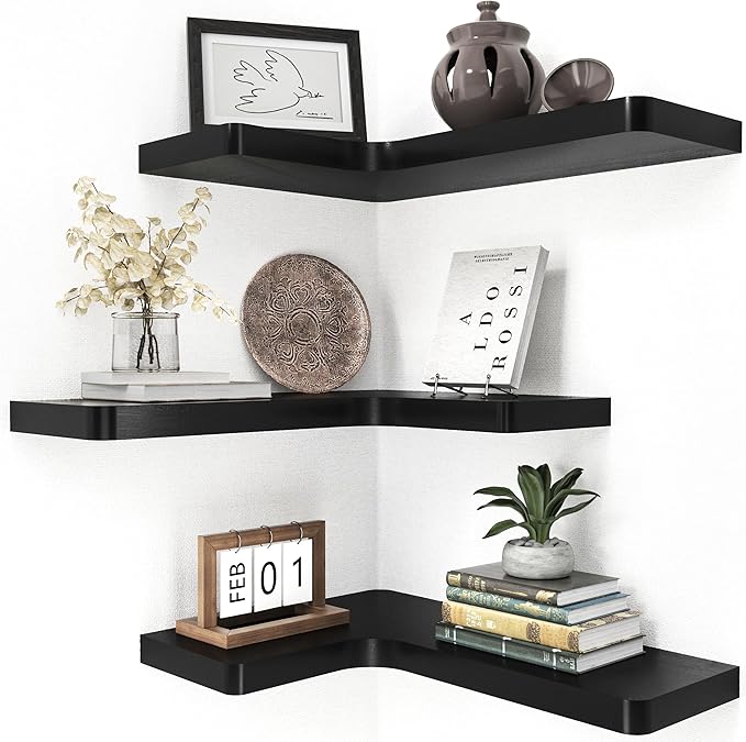fuqing Corner Floating Shelves for Storage, Set of 3, Solid Wood, Wall Mount Wooden Display Shelf for Bathroom Bedroom Kitchen Garage, Black