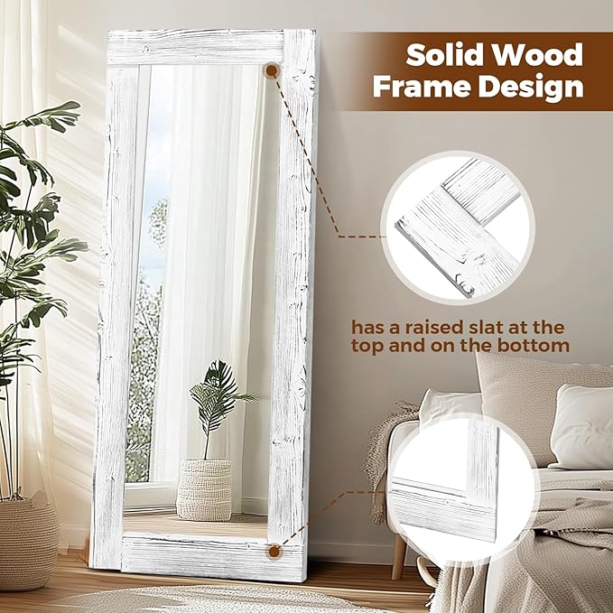 Full Length Mirror 58"x24" – Solid Wood Frame, HD Tempered Glass, Wall Mounted & Leaning, Rustic Modern Decor for Bedroom, Living Room, Entryway, White