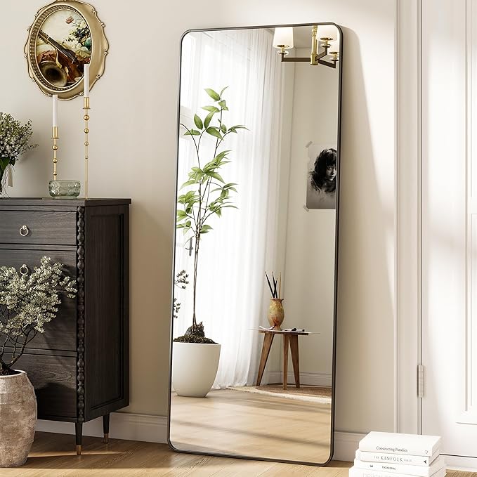 Black Full Length Mirror 16 x 59 Inch Nano Floor Mirrors with Stand, Rounded Corner Full Body Mirrors with Aluminum Alloy Frame for Bedroom Living Room Checkroom