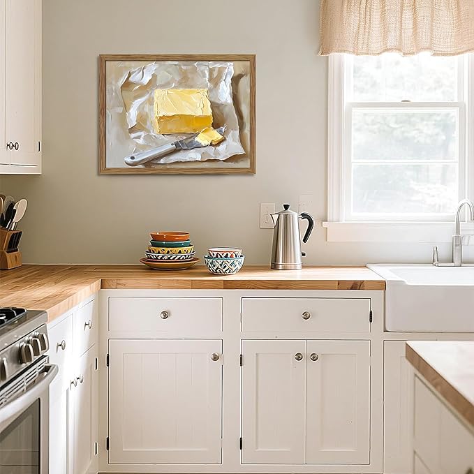 Framed Kitchen Wall Art, Vintage Butter Food Canvas Wall Decor Painting, Rustic Farmhouse Still Life Artwork Prints Pictures for Kitchen Dining Room Decorations 16x24 Inch