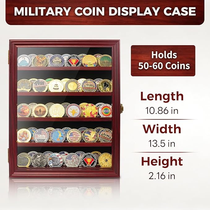ASmileIndeep Military Challenge Coin Display Case Holder with HD Toughened Glass and Wall Mount, Wooden Coin Stand Rack with Removable 2 Grooves Shelves, Mahogany Finish…