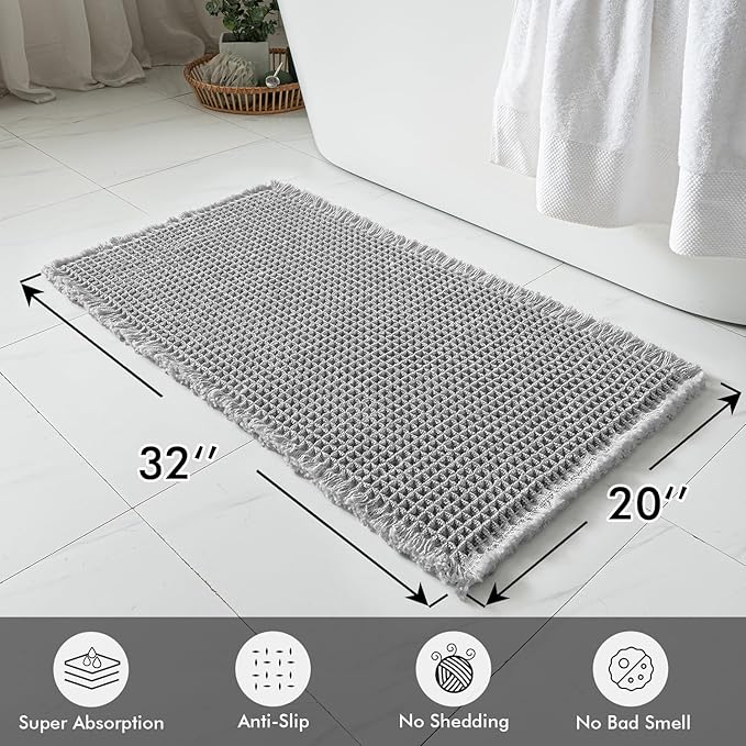 MIULEE Set of 2 Waffle Bathroom Rugs, Boho Bath Rugs Non Slip Washable, Super Absorbent Bath Mats, Ultra Soft Rubber Backed Shower Mats for Bathroom Floor, Tub and Shower, Light Grey, 20x32 Inch
