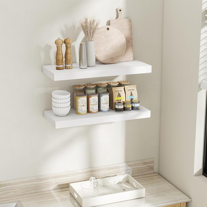 Fun Memories 30 Inch White Floating Shelves for Wall, 12 Inch Deep Shelves for Bathroom|Kitchen|Bedroom, Wall Mounted Rustic Wood Floating Shelf with Invisible Brackets for Books|Storage|Decor, 2 Pack