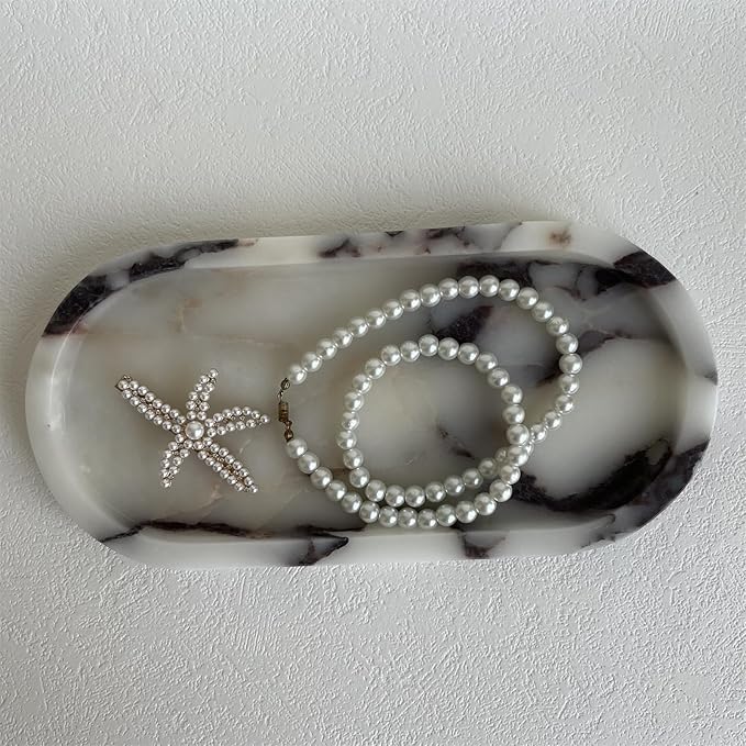 Natural Marble Oval Tray Ornaments Vintage Small Tray Storage Dish for Counter, Vanity, Dresser, Nightstand and Desk (Calacatta Purple)