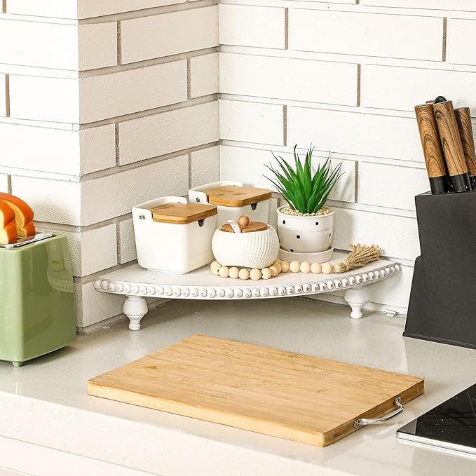 Amyhill Wood Corner Counter Shelf Corner Riser for Kitchen Counter White Wash Rustic Bathroom Countertop Organizer Decorative Tray Riser Pedestal Stand with Removable Feet for Kitchen Bar, 11.81 Inch