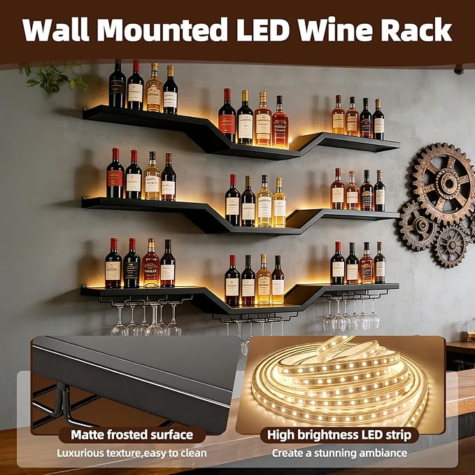 39.4" Large Modern Wall Mounted Wine Rack with LED Light, 3-Tier Floating Bar Shelves, Large Bar Shelf with Wine Glass Rack, for Home Bars and Restaurants, Black