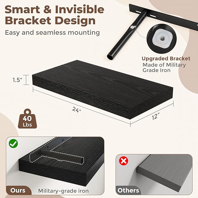 12 Inch Deep Floating Shelves for Wall, 24 x 12 Rustic Wood Grain Bathroom Shelves with Invisible Brackets, Easy Install Wood Storage Shelves for Kitchen, Living Room, Bedroom, Black, Set of 2